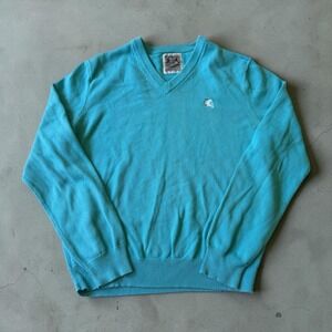 Express Mens V-Neck Sweater Turquoise Blue 100% Cotton Lion Logo Pullover Size M